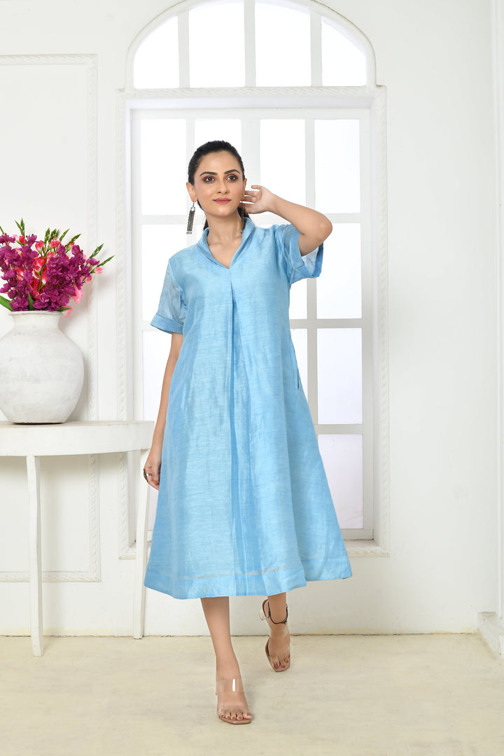 Powder Blue Linen Silk Calf-Length One-Piece Dress