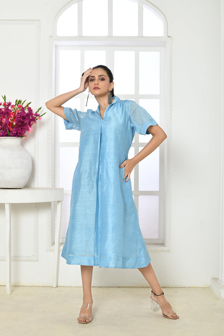 Powder Blue Linen Silk Calf-Length One-Piece Dress