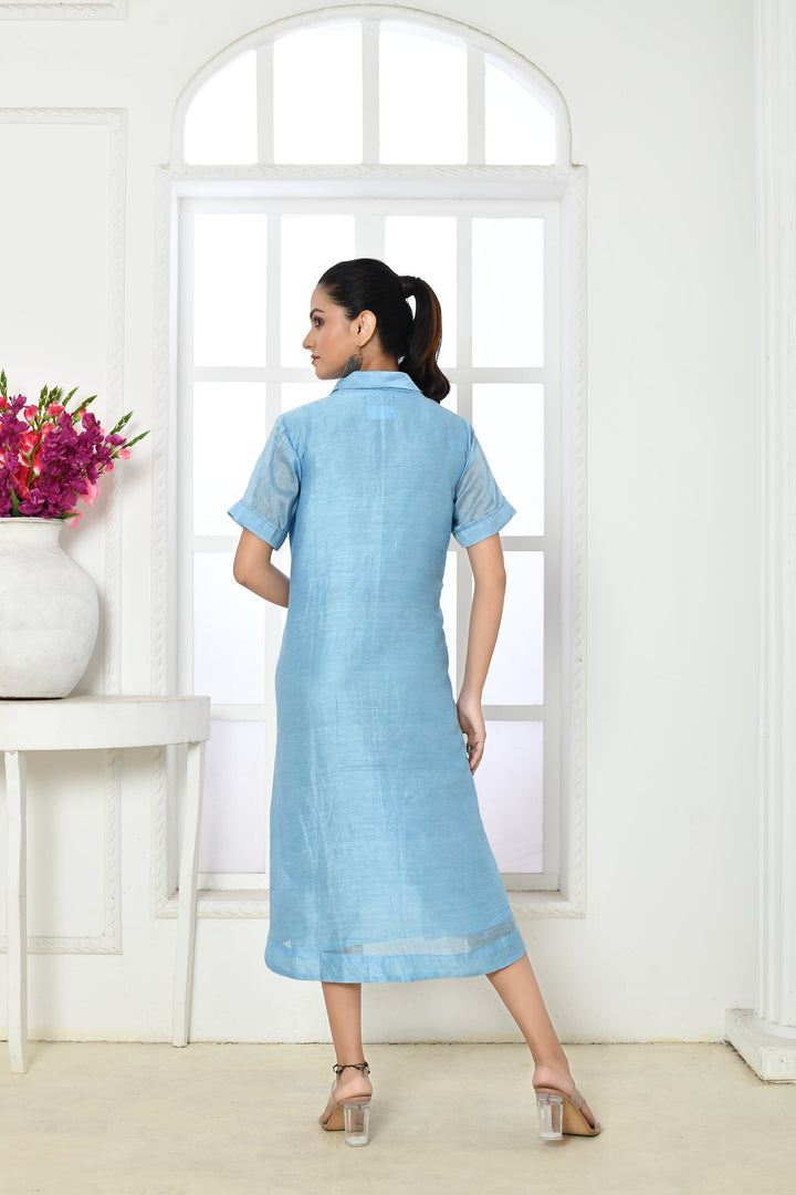 Powder Blue Linen Silk Calf-Length One-Piece Dress