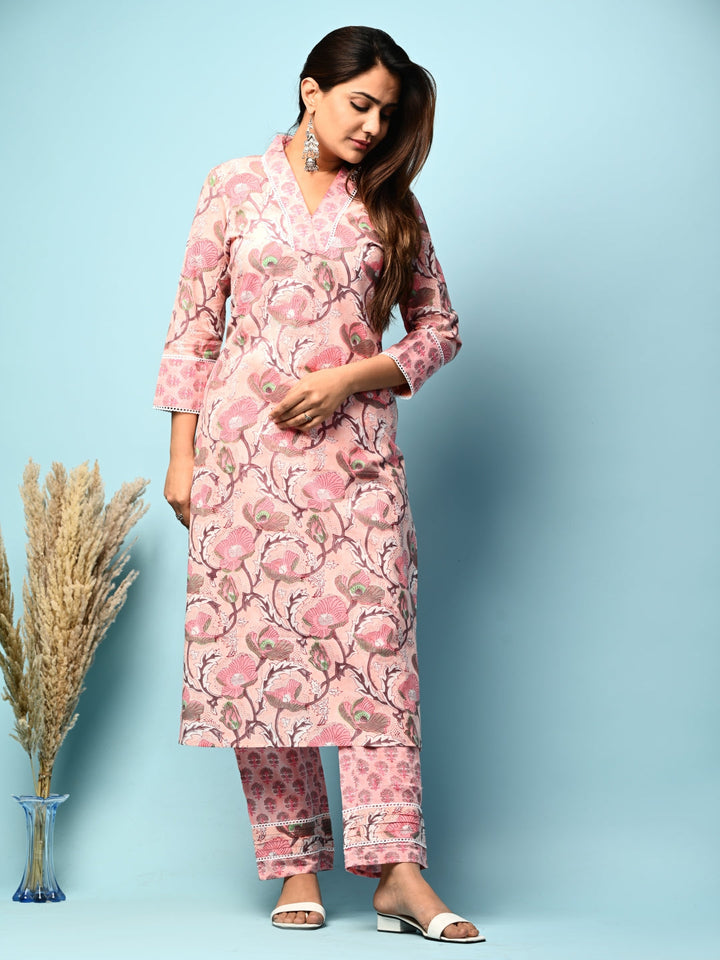 Powder Pink Floral Kurta Pant Set