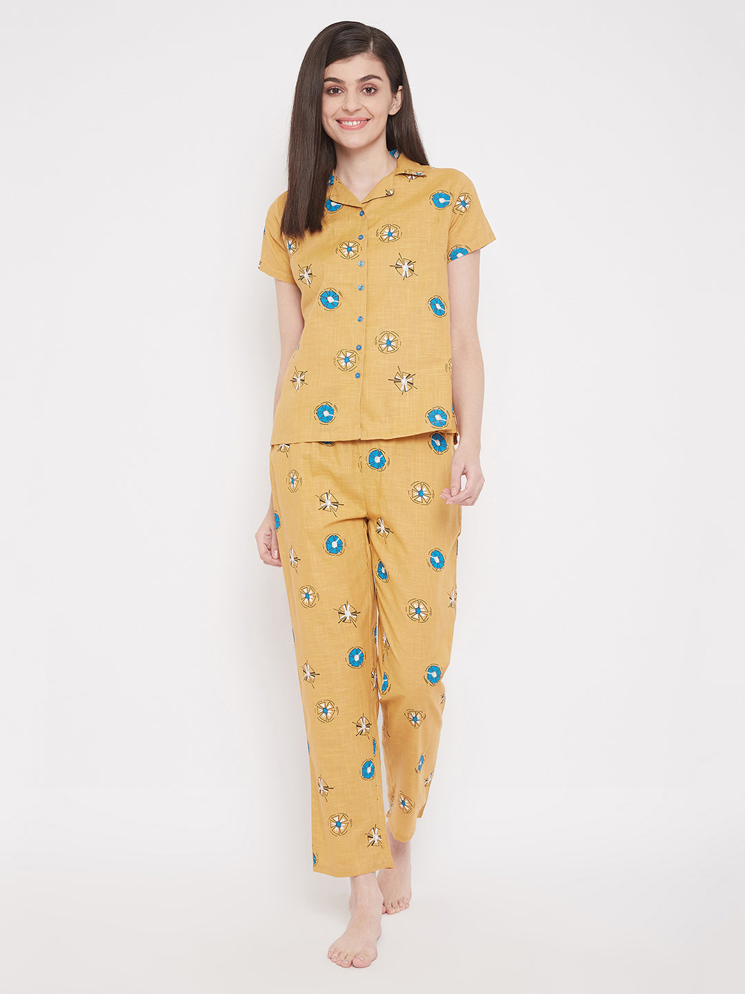 Pretty-Florals-Shirt-&-Pyjama-Set-In-Mustard