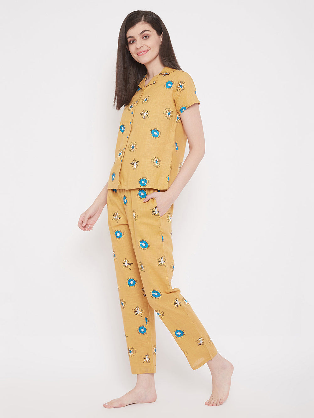Pretty-Florals-Shirt-&-Pyjama-Set-In-Mustard