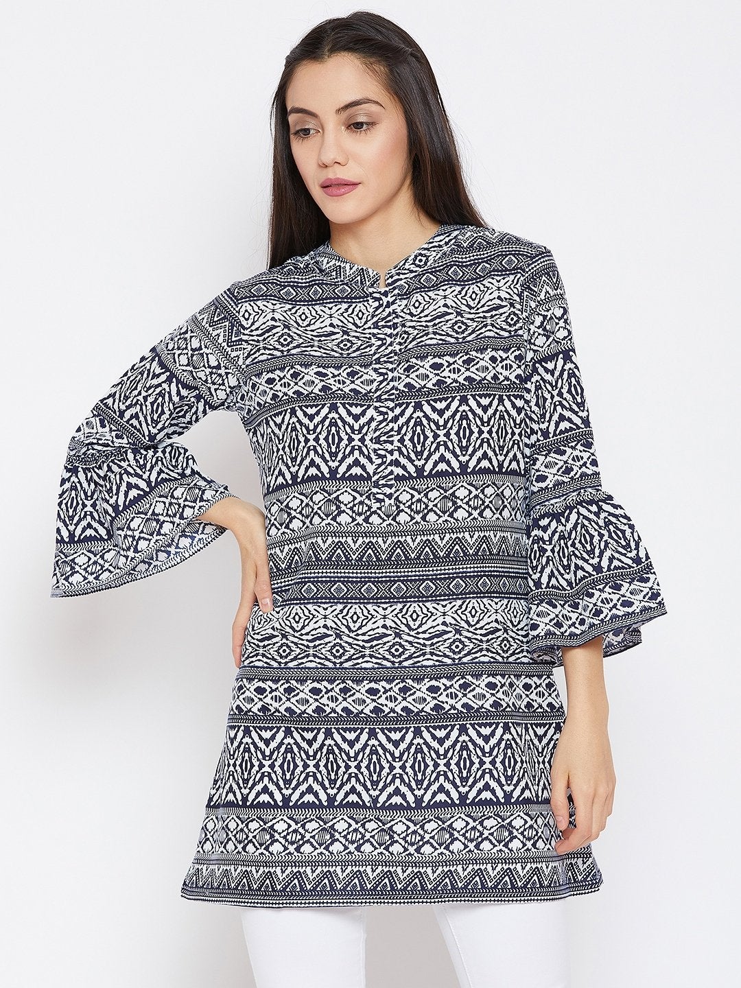 Printed Long Tunic With Flounce Sleeves