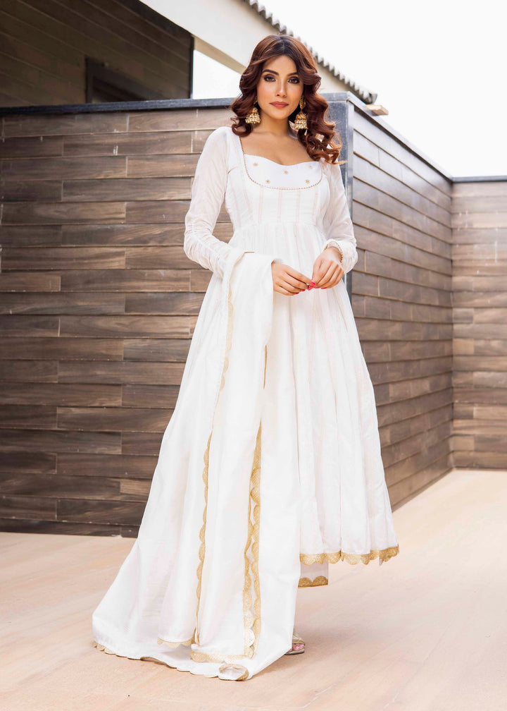 Prisha White Chanderi Anarkali Set with Golden Border