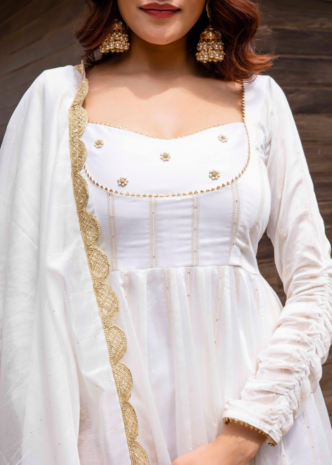 Prisha White Chanderi Anarkali Set with Golden Border