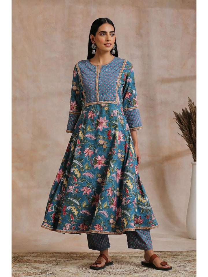 Prussian-Blue-Hand-Block-Print-A-Line-Kurta