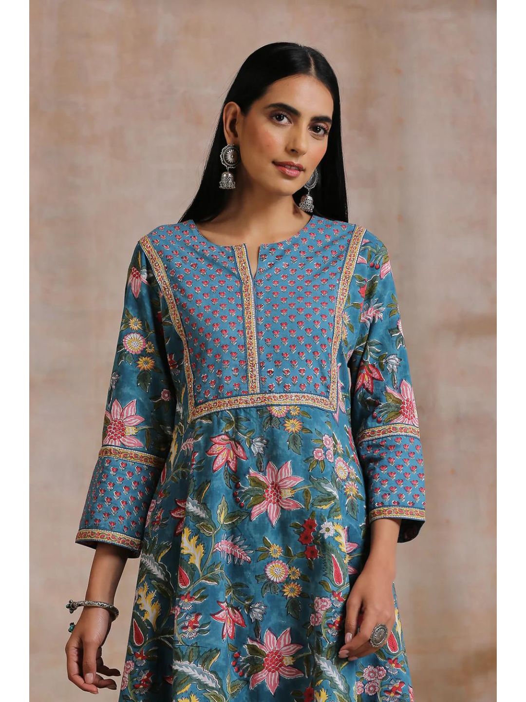 Prussian-Blue-Hand-Block-Print-A-Line-Kurta