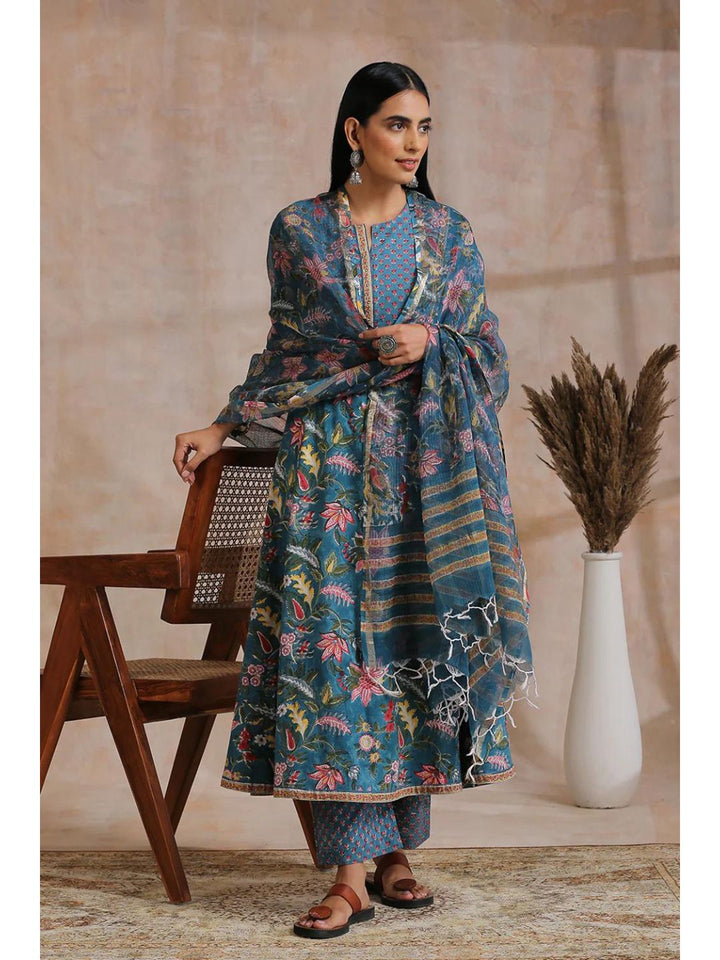 Prussian-Blue-Hand-Block-Print-A-Line-Kurta