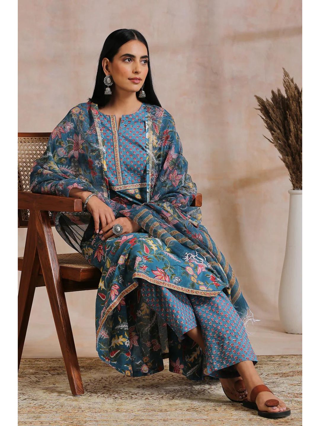 Prussian-Blue-Hand-Block-Print-A-Line-Kurta