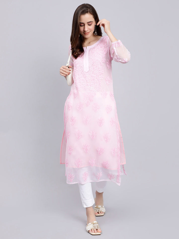 Pure Pink Georgette Handwoven Chikankari Kurti with Slip