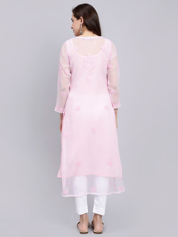 Pure Pink Georgette Handwoven Chikankari Kurti with Slip