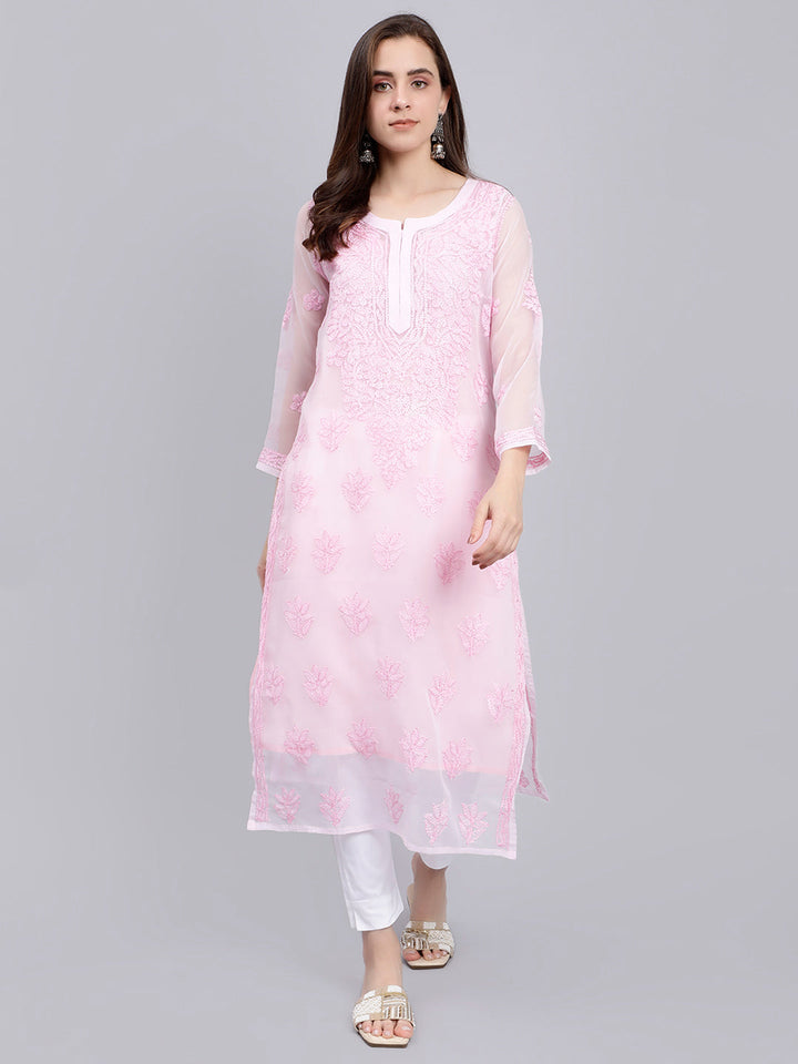 Pure Pink Georgette Handwoven Chikankari Kurti with Slip