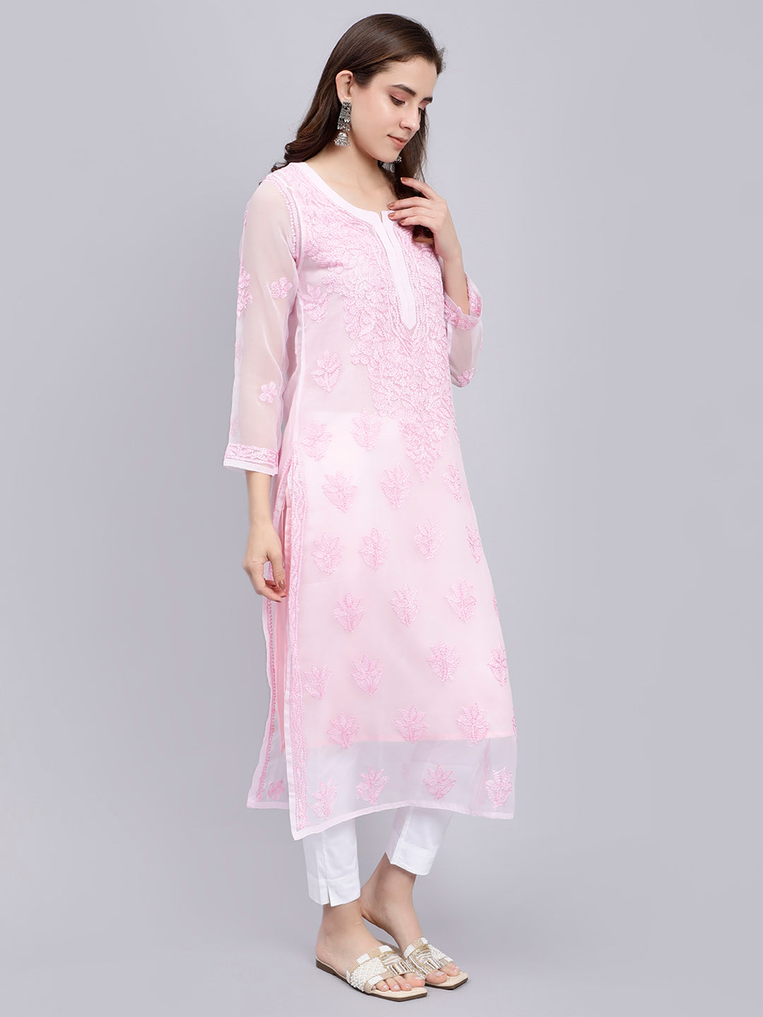 Pure Pink Georgette Handwoven Chikankari Kurti with Slip