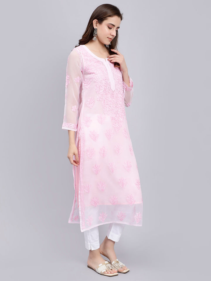 Pure Pink Georgette Handwoven Chikankari Kurti with Slip