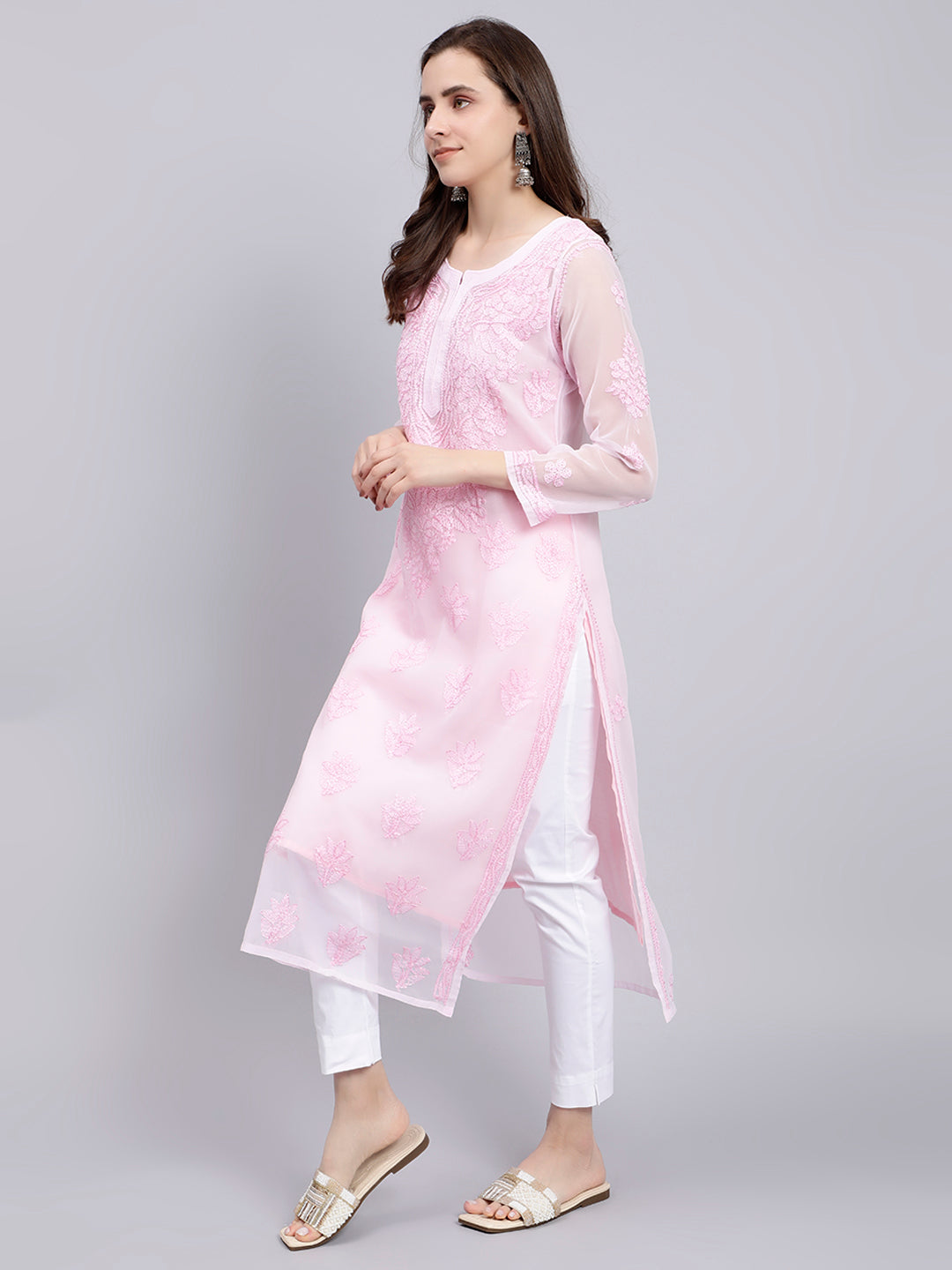 Pure Pink Georgette Handwoven Chikankari Kurti with Slip