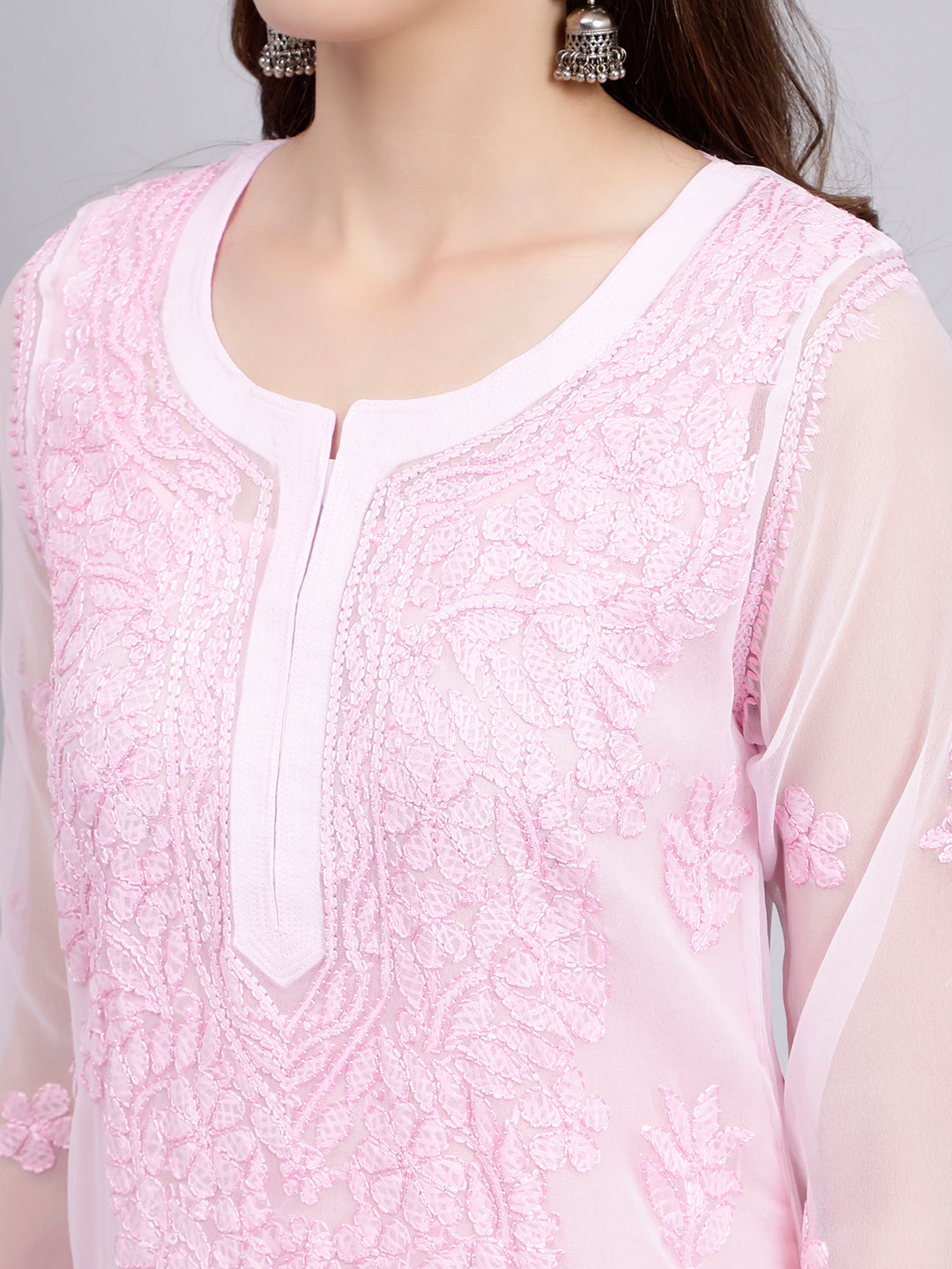 Pure Pink Georgette Handwoven Chikankari Kurti with Slip