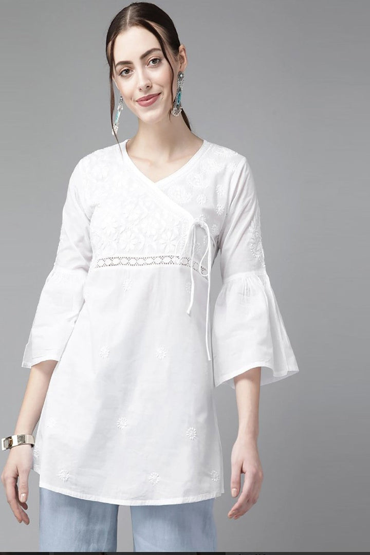 Pure White Cotton Angrakha Yoke Tunic Top