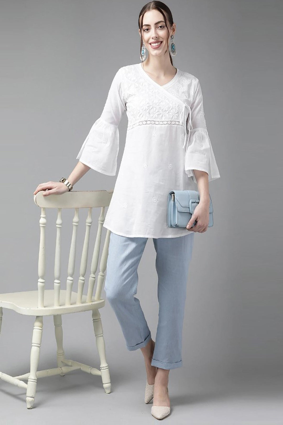 Pure White Cotton Angrakha Yoke Tunic Top