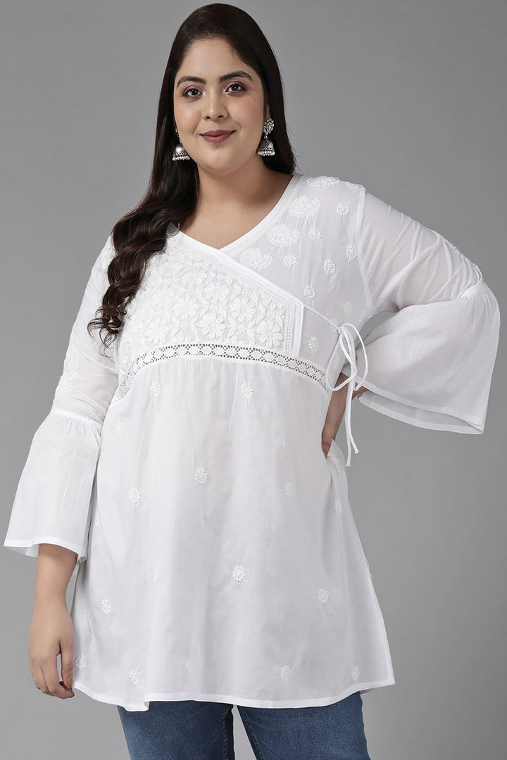 Pure White Cotton Angrakha Yoke Tunic Top