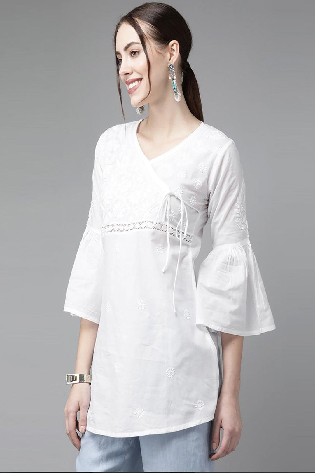 Pure White Cotton Angrakha Yoke Tunic Top