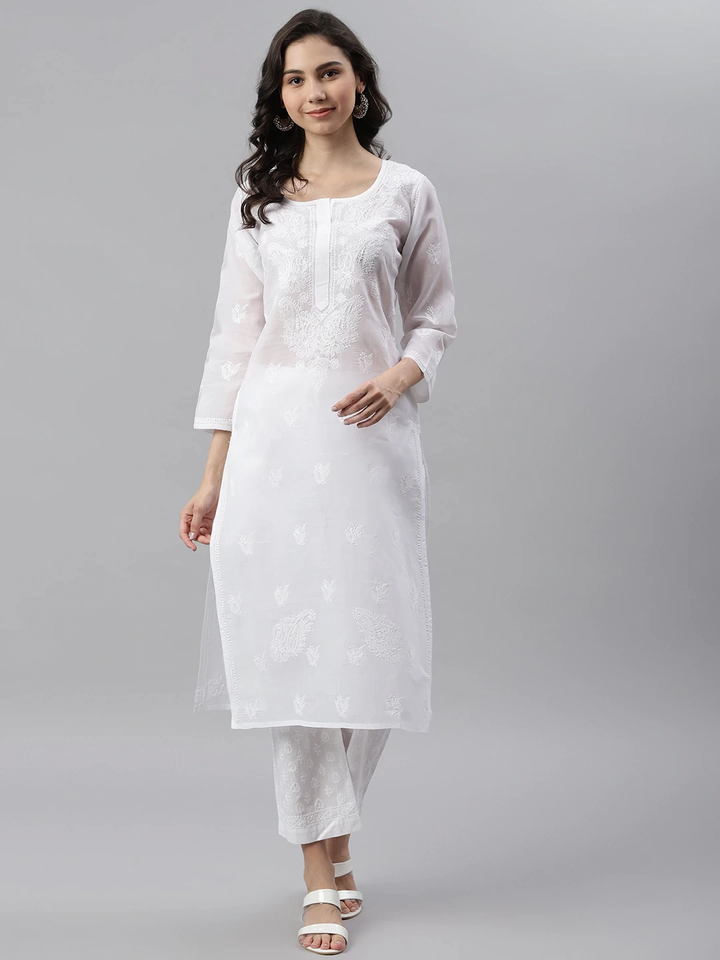 Pure White Cotton Woven Straight Chikan Kurta