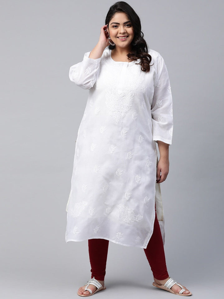 Pure White Cotton Woven Straight Chikan Kurta