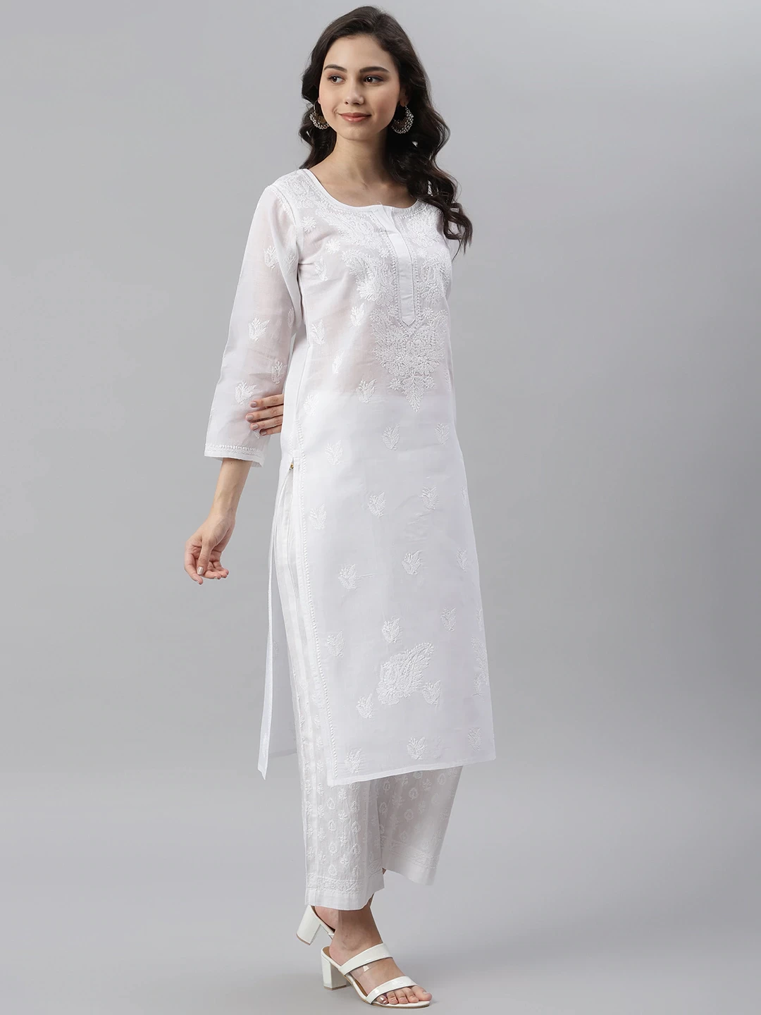 Pure White Cotton Woven Straight Chikan Kurta
