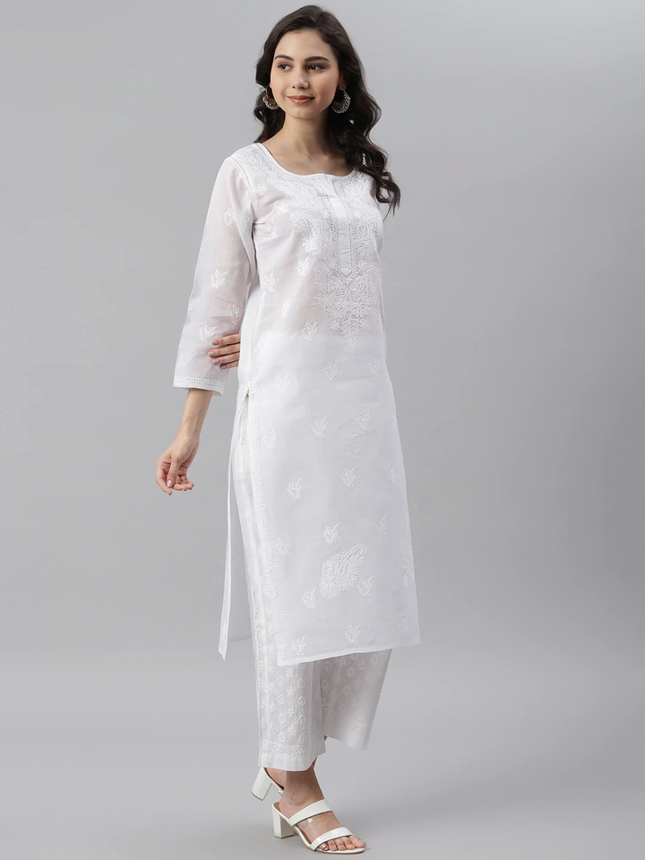 Pure White Cotton Woven Straight Chikan Kurta