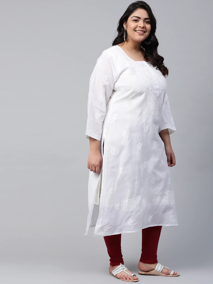Pure White Cotton Woven Straight Chikan Kurta