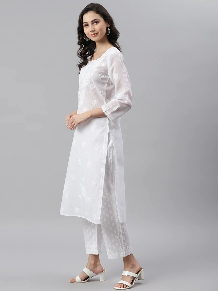 Pure White Cotton Woven Straight Chikan Kurta