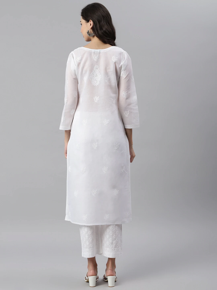 Pure White Cotton Woven Straight Chikan Kurta
