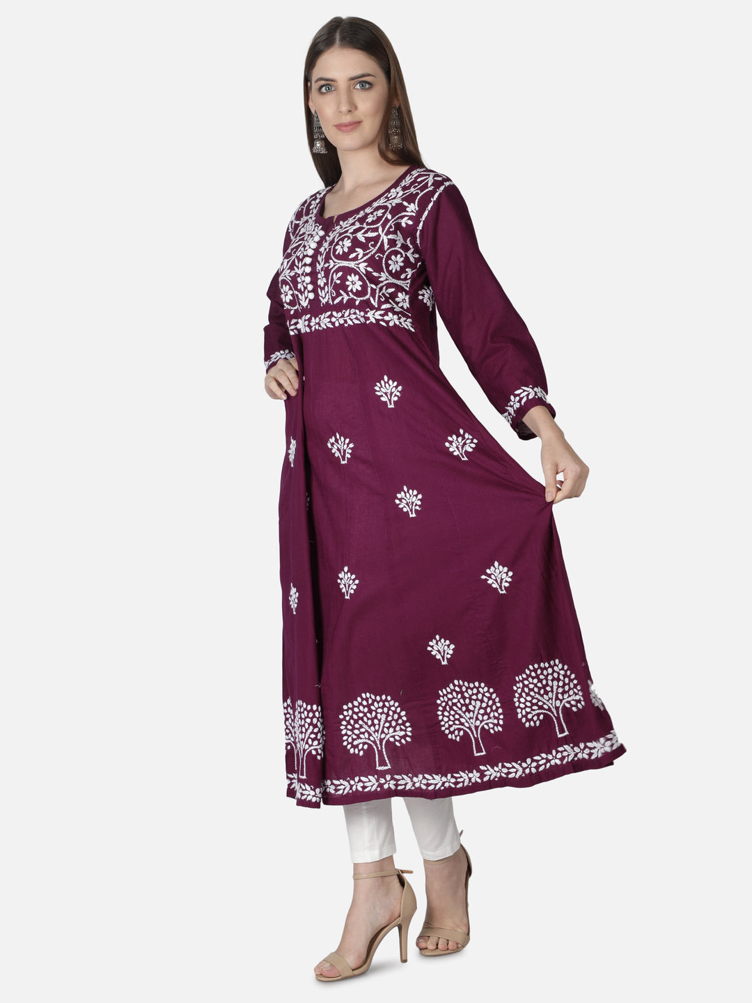 Purple A-Line Kurta in Ghaspatti-Phanda Work