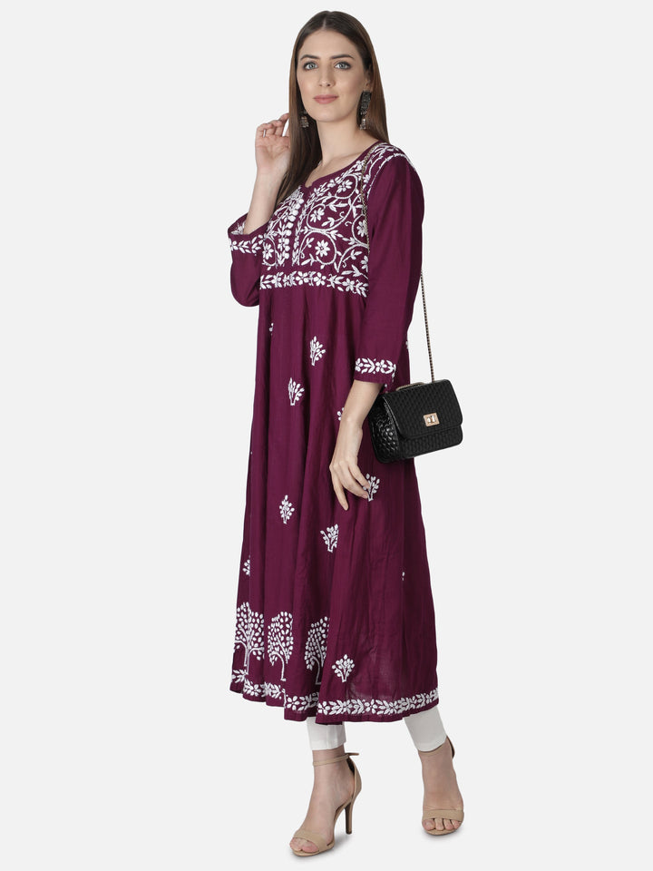 Purple A-Line Kurta in Ghaspatti-Phanda Work