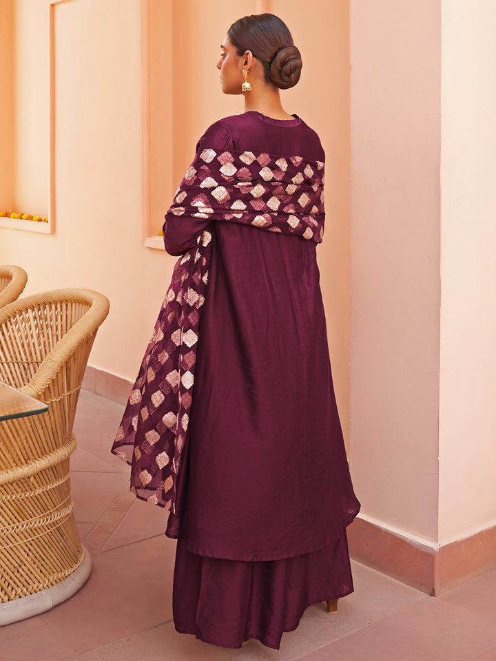 Purple Chanderi Yoke Embellished 3-Piece Kurta Set