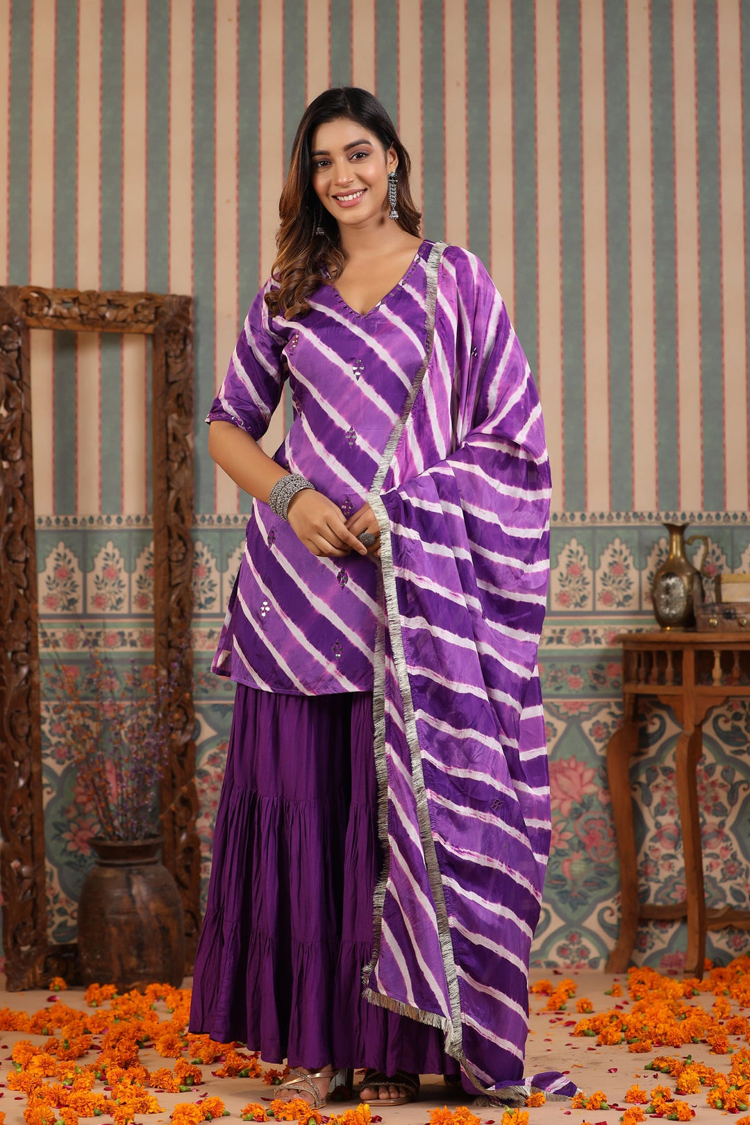 Purple Heather Embroidery Leher Silk Sharara Set