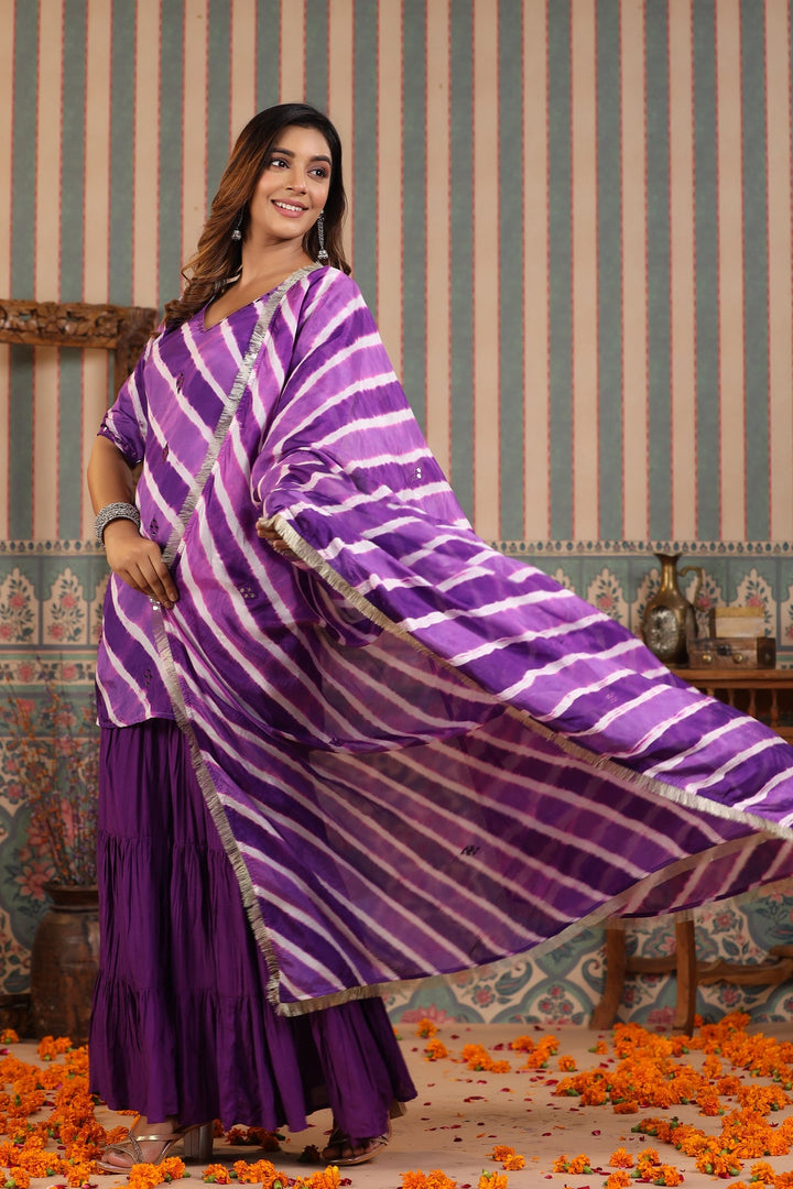 Purple Heather Embroidery Leher Silk Sharara Set