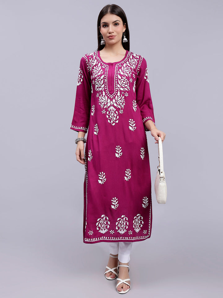 Purple Rayon Handwoven Chikankari Kurti