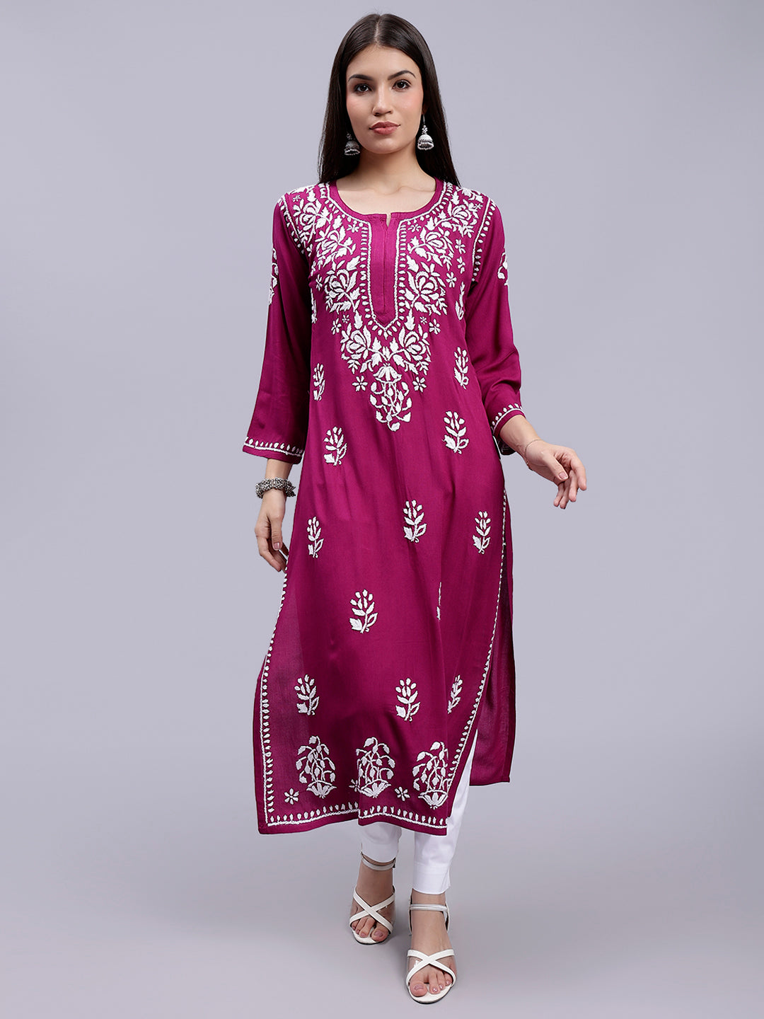 Purple Rayon Handwoven Chikankari Kurti