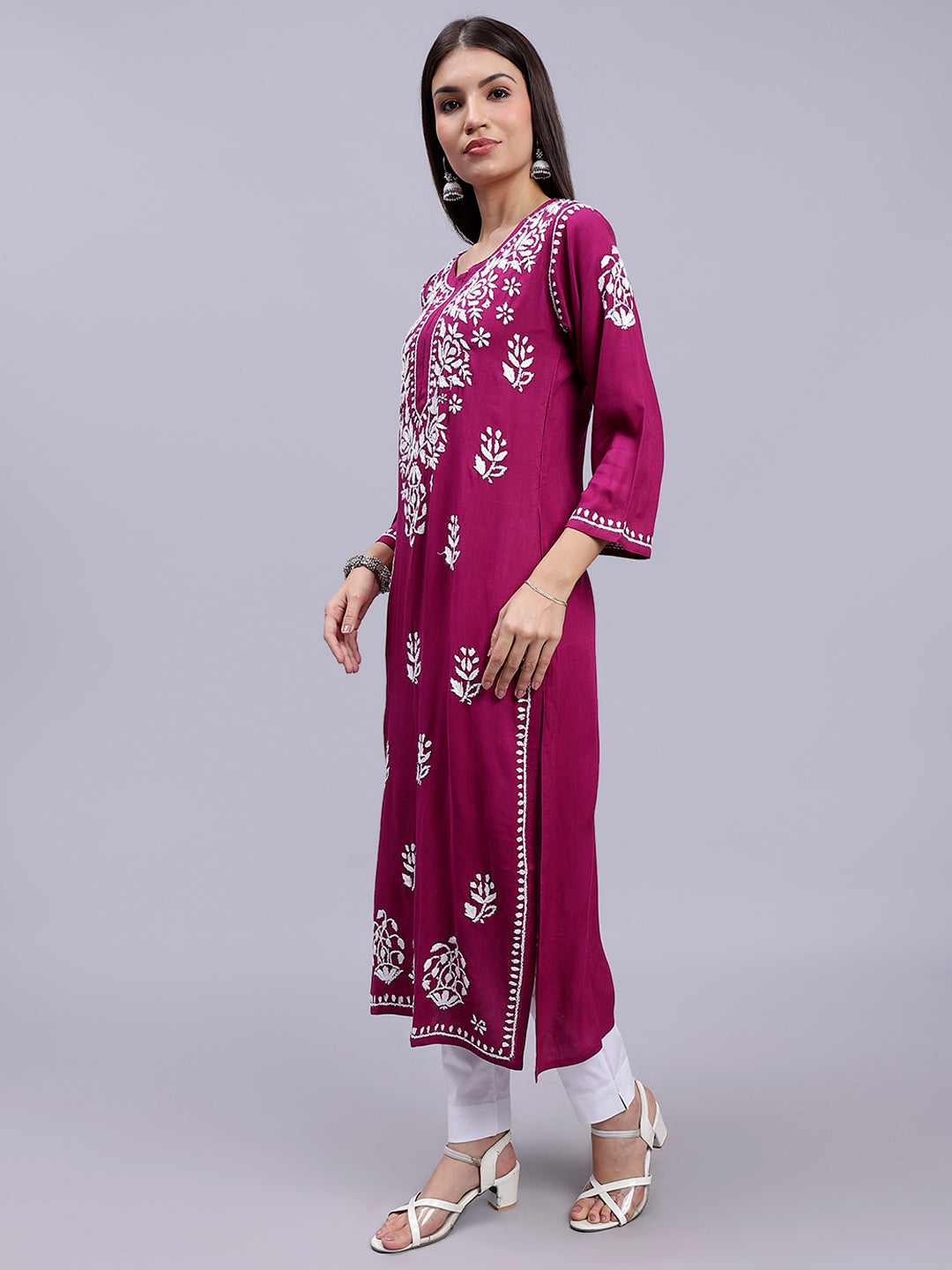 Purple Rayon Handwoven Chikankari Kurti