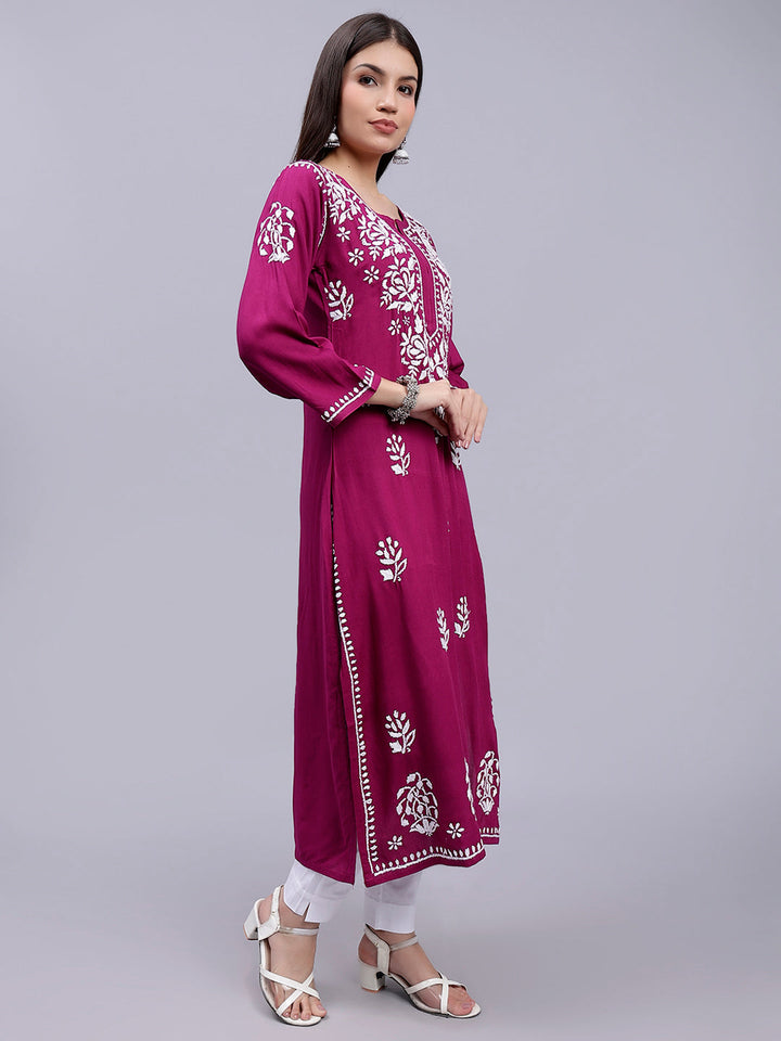 Purple Rayon Handwoven Chikankari Kurti