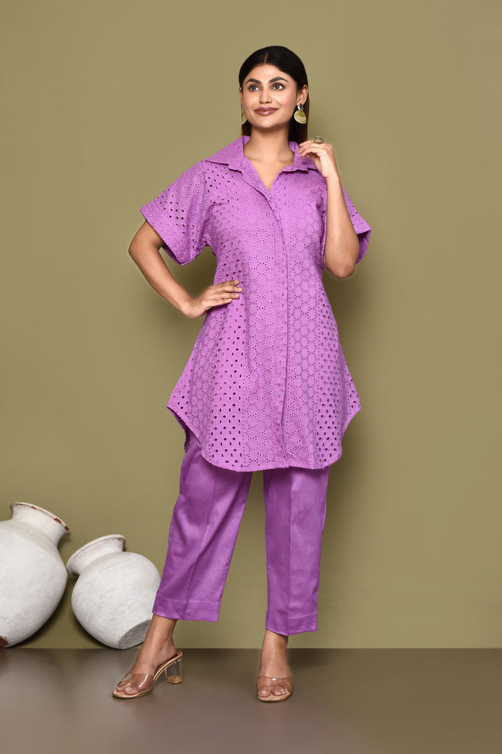 Purple Schiffli Shirt And Pant Co-Ord Set With Slip