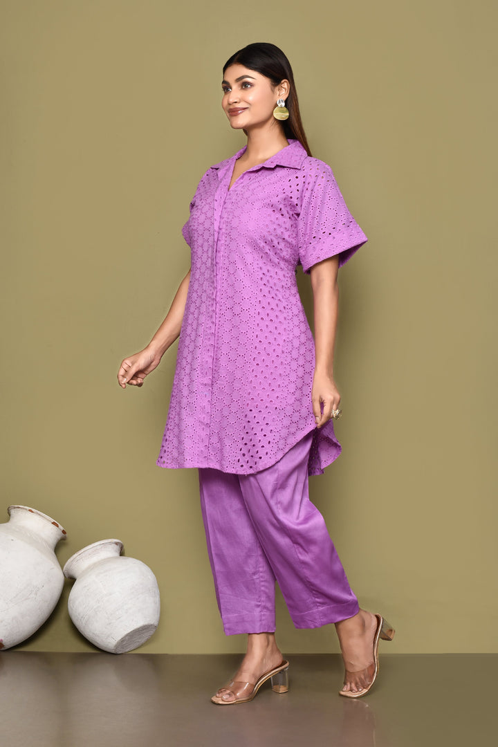 Purple Schiffli Shirt And Pant Co-Ord Set With Slip