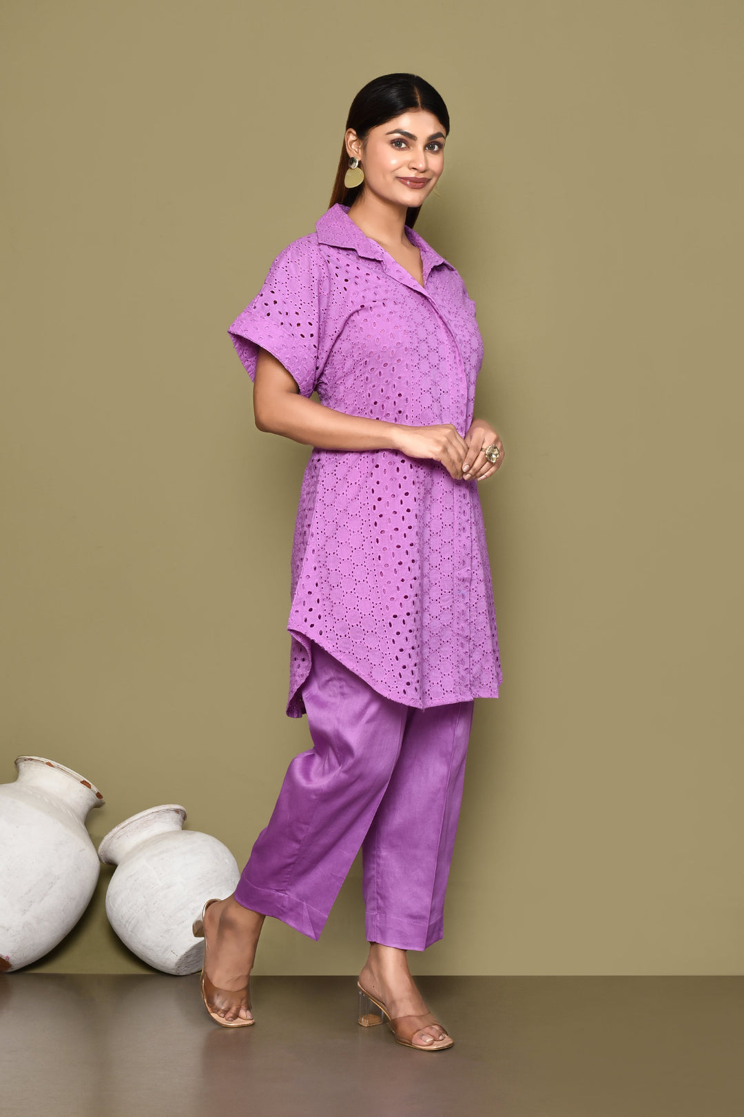 Purple Schiffli Shirt And Pant Co-Ord Set With Slip
