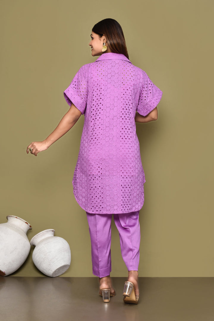 Purple Schiffli Shirt And Pant Co-Ord Set With Slip