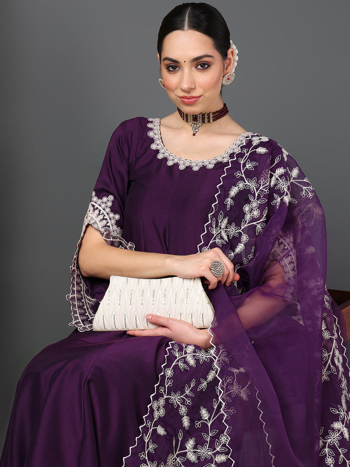 Purple Silk Blend Solid Embroidered Flared Kurta Trouser With Dupatta