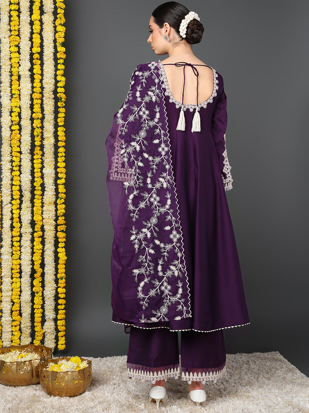 Purple Silk Blend Solid Embroidered Flared Kurta Trouser With Dupatta