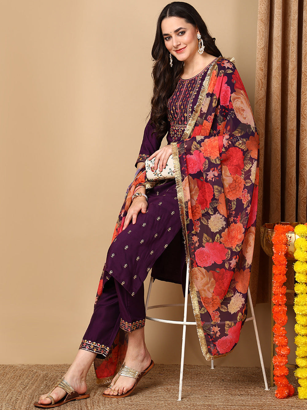 ZERESOUQ-Purple-Silk-Blend-Solid-Embroidered-Straight-Kurta-Trouser-With-Dupatta