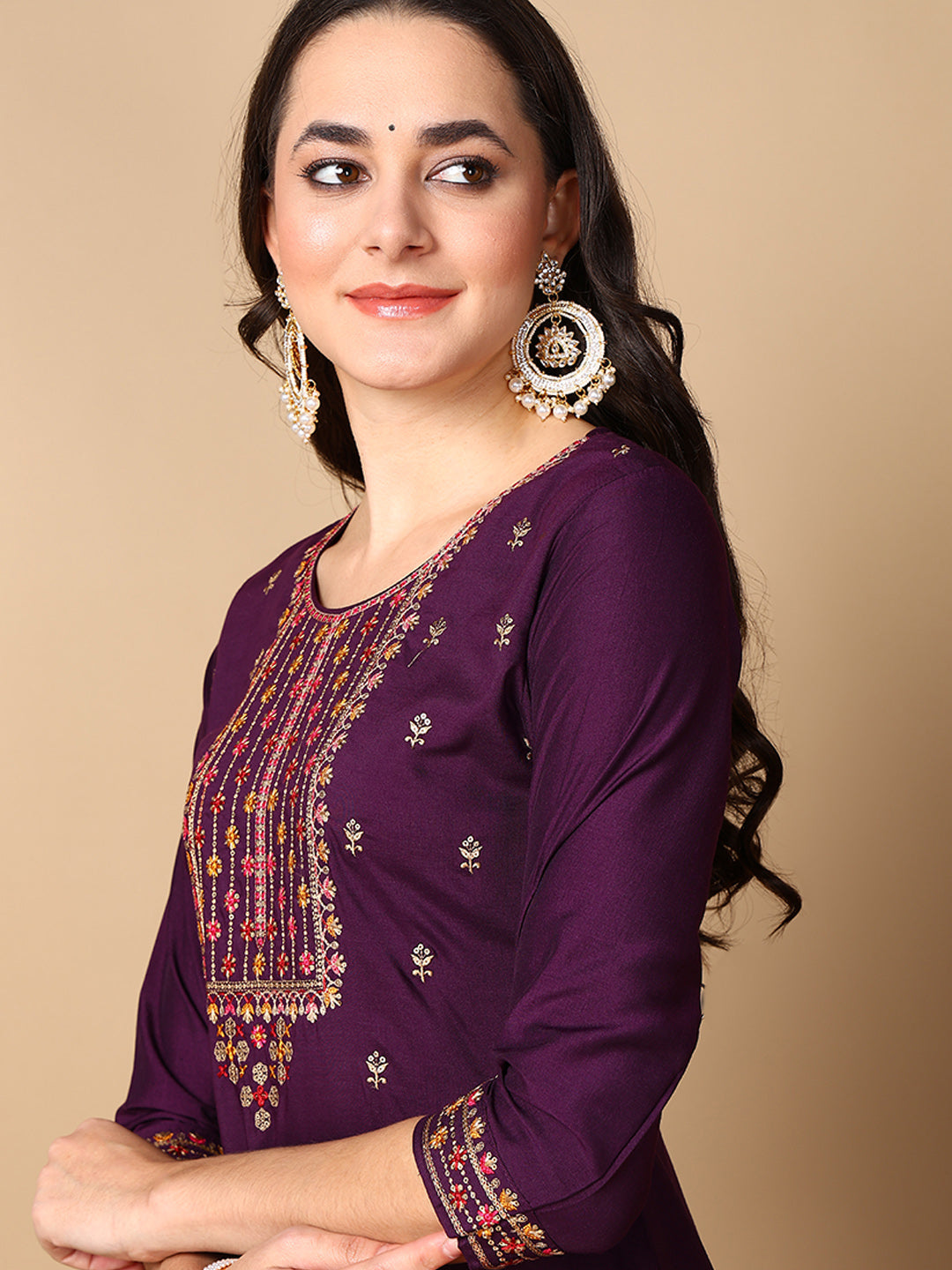 Purple Silk Blend Solid Embroidered Straight Kurta Trouser With Dupatta