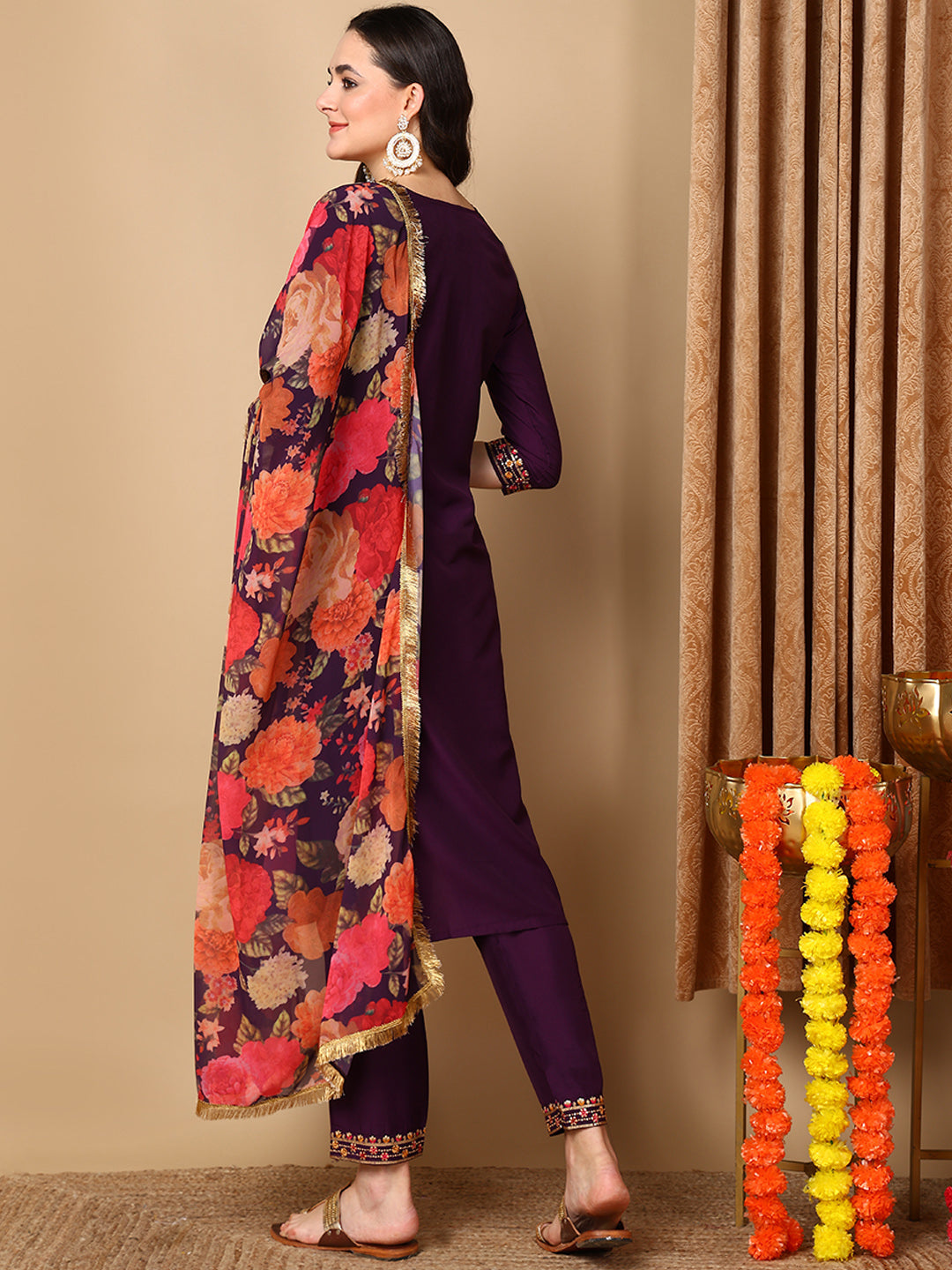 Purple Silk Blend Solid Embroidered Straight Kurta Trouser With Dupatta