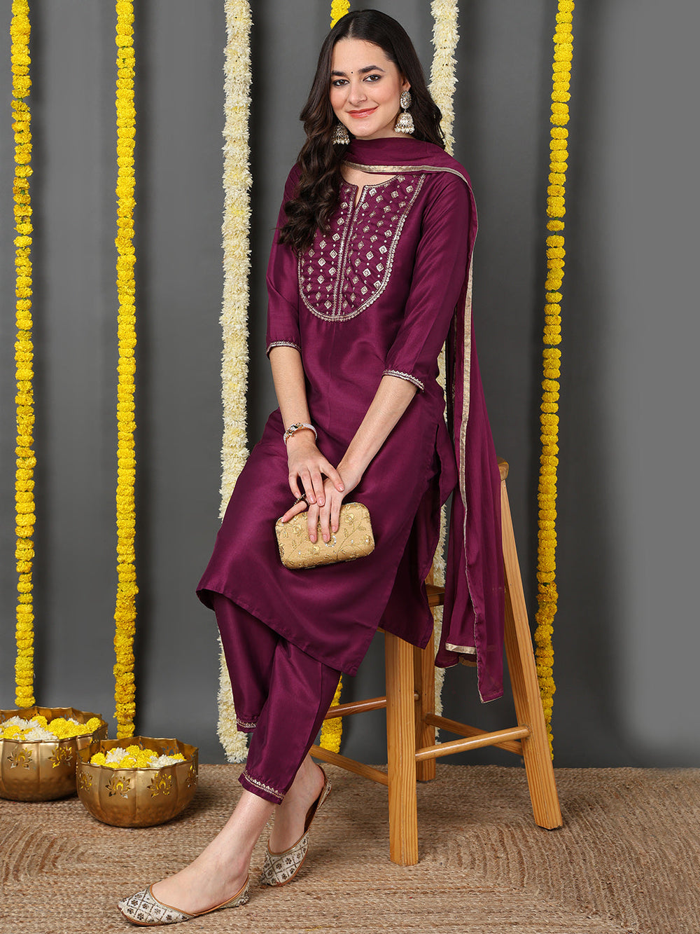 ZERESOUQ-Purple-Silk-Blend-Solid-Yoke-Design-Straight-Kurta-Trouser-With-Dupatta